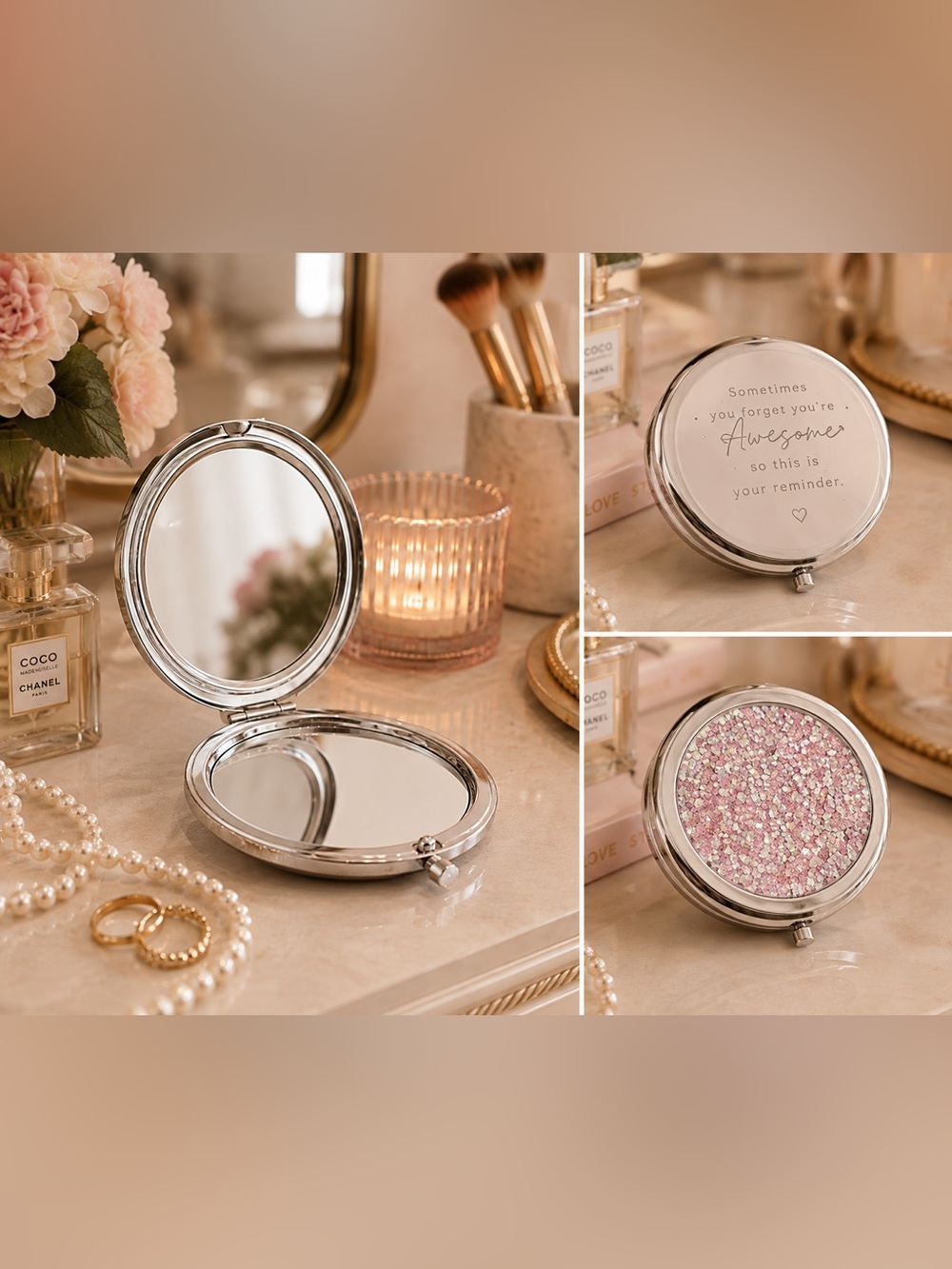 Inspirational Mirrored Cosmetic Compact | Crystal Rhinestone Cover